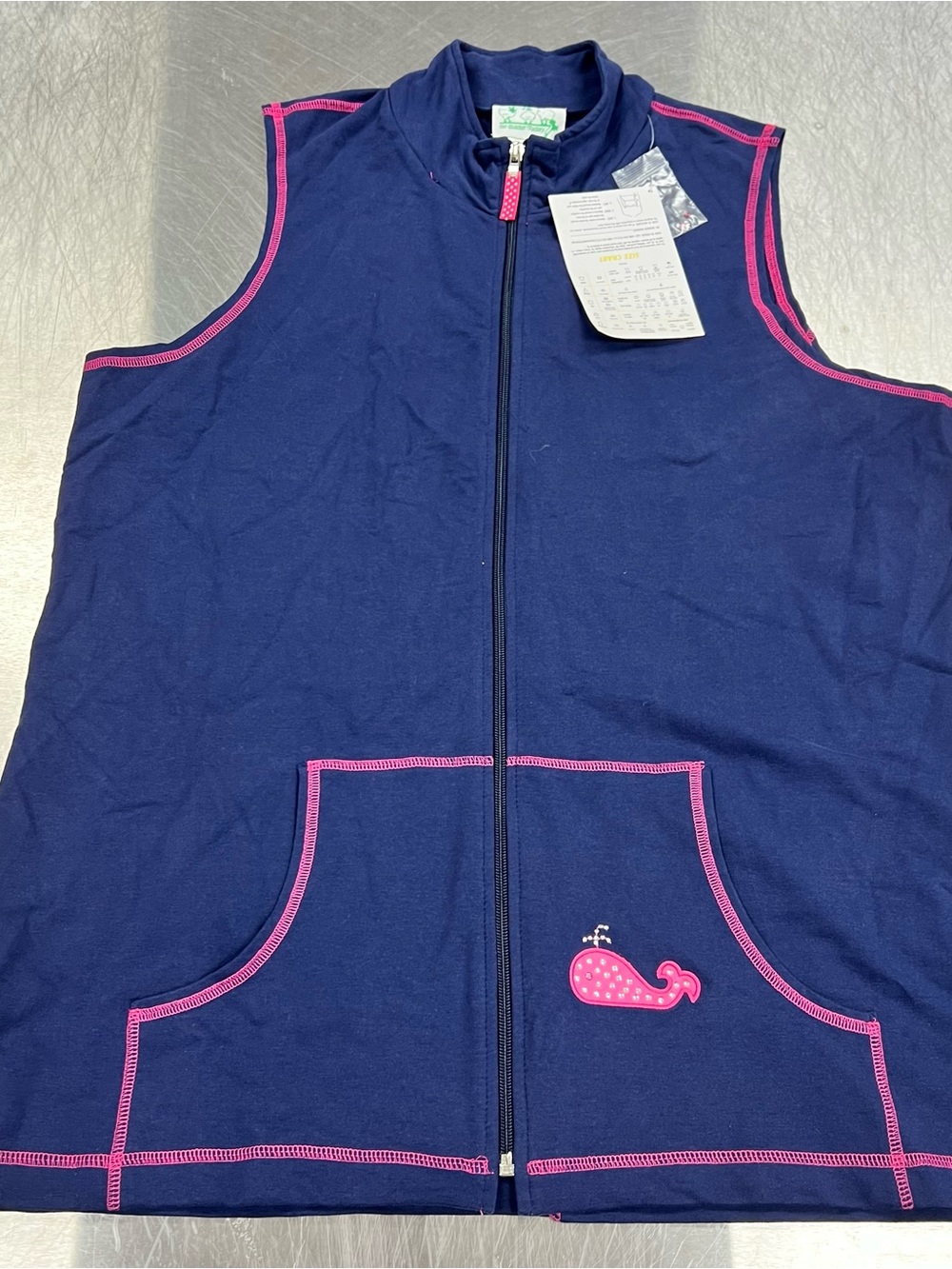 Quacker Factory Navy Sleeveless Zip Top with Pink Trim & Whale Applique